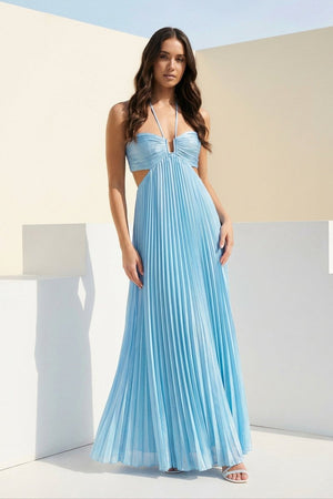 Sky Blue Halter Pleated Satin A Line Prom Dresses With Cutout – Prom Dress by KissProm | Available at KissProm
