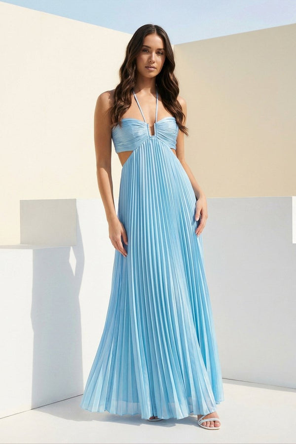 Sky Blue Halter Pleated Satin A Line Prom Dresses With Cutout – Prom Dress by KissProm | Available at KissProm