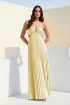 Sissone | Sky Blue - Halter Pleated Satin A Line Prom Dresses With Cutout - KissProm