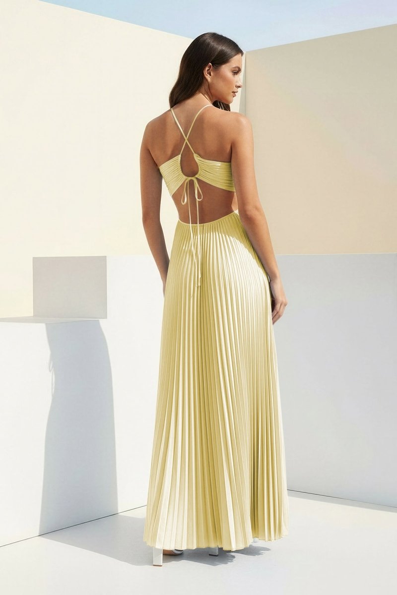 Sissone | Sky Blue - Halter Pleated Satin A Line Prom Dresses With Cutout - KissProm