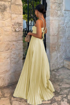 Sissone | Sky Blue - Halter Pleated Satin A Line Prom Dresses With Cutout - KissProm