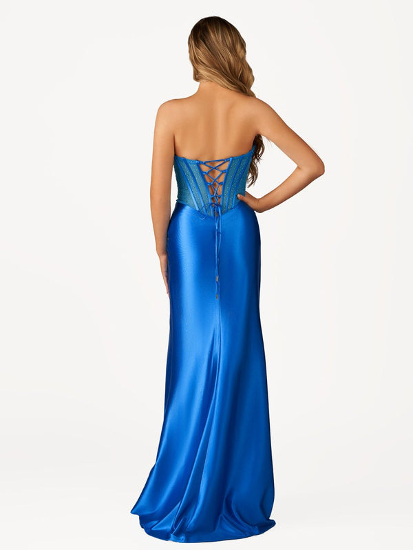 Siva | Royal Blue Strapless Satin Mermaid Prom Dress With Beading - KissProm