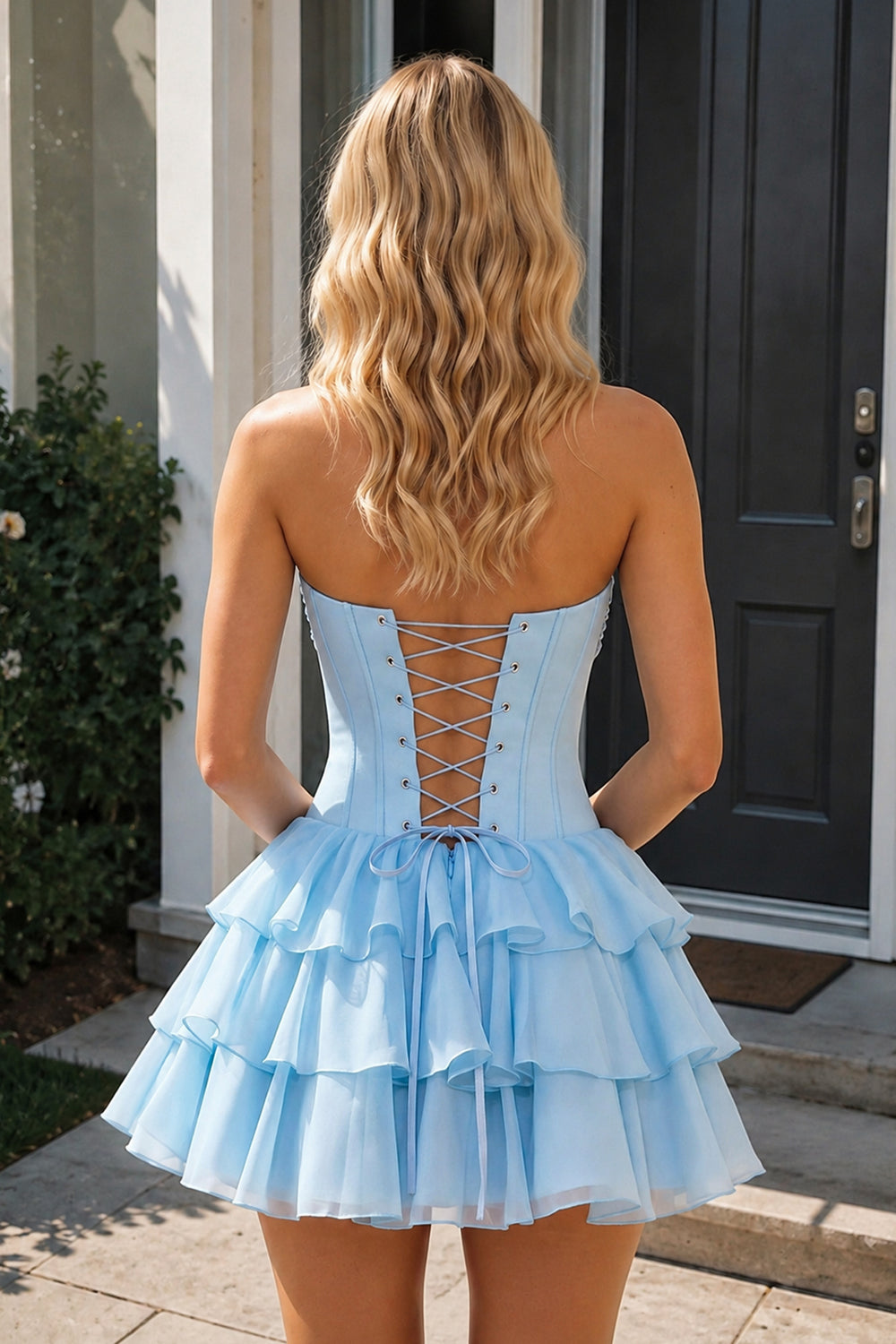 Sky Blue 3D-Flower Sweetheart Cut-Out Ruffled A-Line Satin Homecoming Dress | KISSPROM