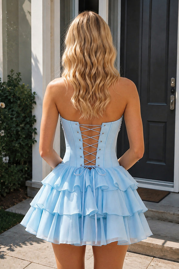 Sky Blue 3D-Flower Sweetheart Cut-Out Ruffled A-Line Satin Homecoming Dress (2) | KISSPROM