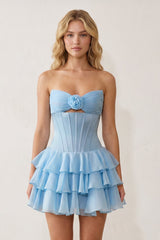 Sky Blue 3D-Flower Sweetheart Cut-Out Ruffled A-Line Satin Homecoming Dress - KissProm