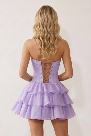 Lavender 3D-Flower Sweetheart Cut-Out Ruffled A-Line Satin Homecoming Dress - KISSPROM