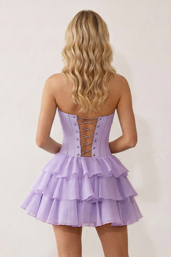Lavender 3D-Flower Sweetheart Cut-Out Ruffled A-Line Satin Homecoming Dress - KISSPROM
