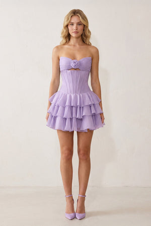 Lavender 3D-Flower Sweetheart Cut-Out Ruffled A-Line Satin Homecoming Dress - KISSPROM