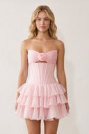 Pink 3D-Flower Sweetheart Cut-Out Ruffled A-Line Satin Homecoming Dress - KISSPROM