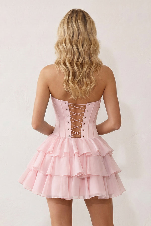 Pink 3D-Flower Sweetheart Cut-Out Ruffled A-Line Satin Homecoming Dress - KISSPROM