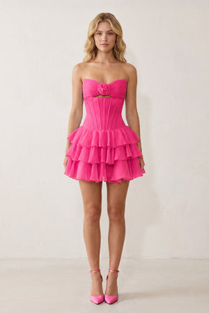 Hot Pink 3D-Flower Sweetheart Cut-Out Ruffled A-Line Satin Homecoming Dress | KISSPROM