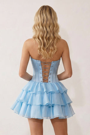 Sky Blue 3D-Flower Sweetheart Cut-Out Ruffled A-Line Satin Homecoming Dress - KissProm