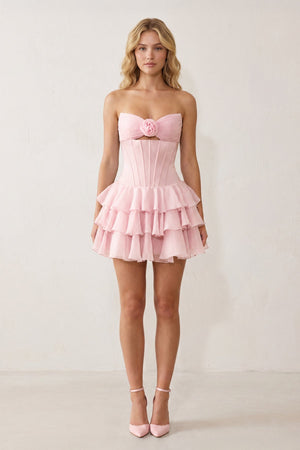 Pink 3D-Flower Sweetheart Cut-Out Ruffled A-Line Satin Homecoming Dress - KISSPROM