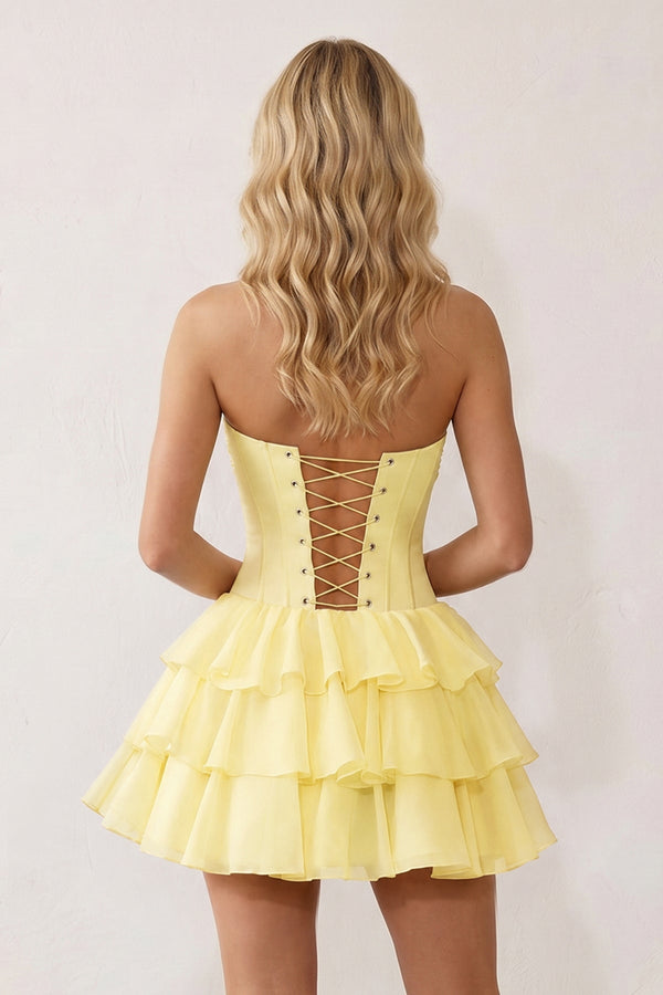 Yellow 3D-Flower Sweetheart Cut-Out Ruffled A-Line Satin Homecoming Dress - KISSPROM