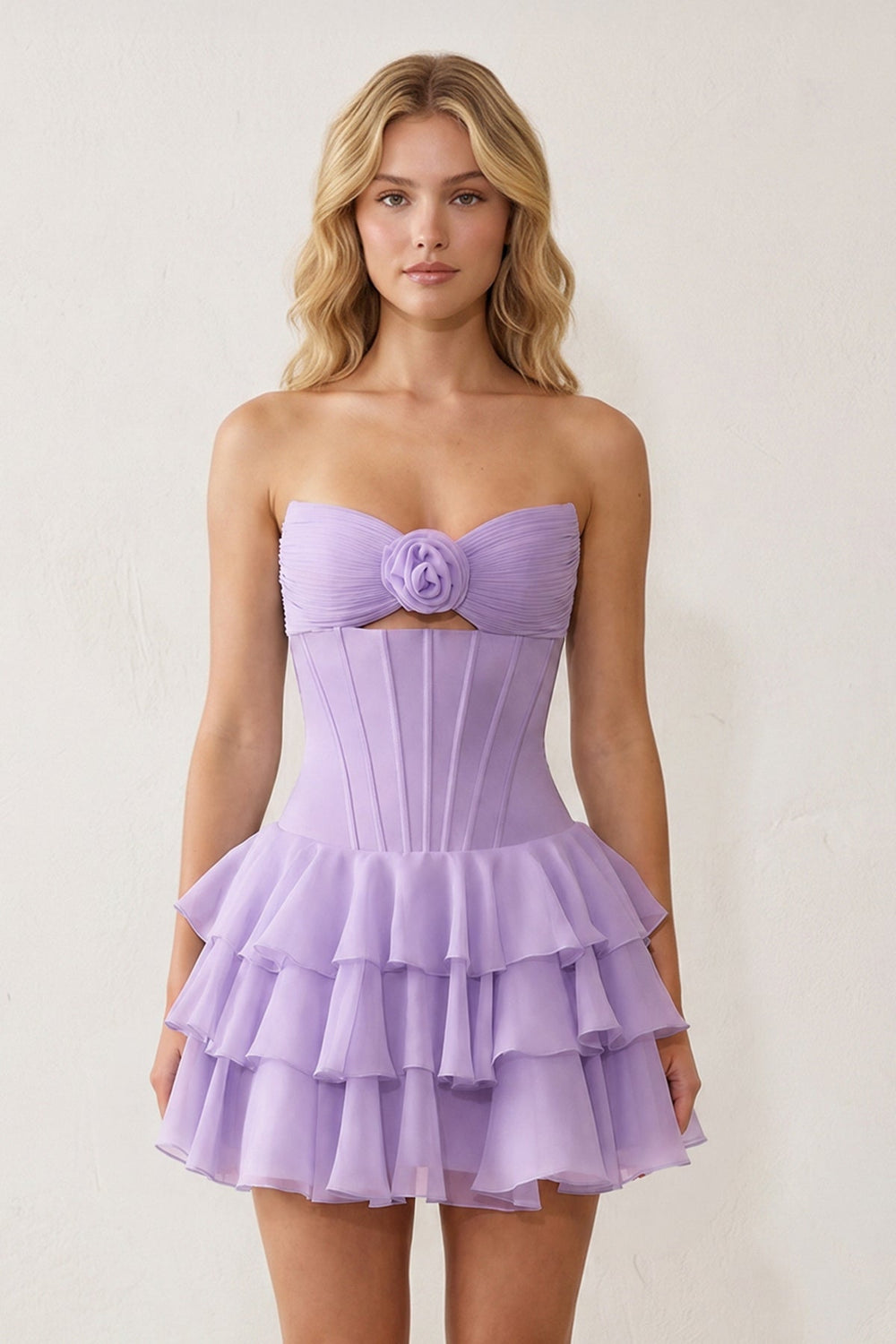 Lavender 3D-Flower Sweetheart Cut-Out Ruffled A-Line Satin Homecoming Dress - KISSPROM