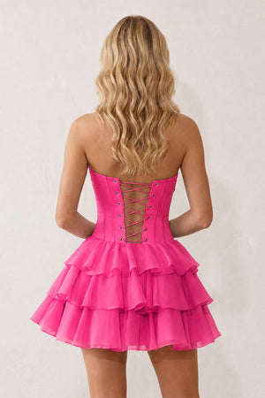 Hot Pink 3D-Flower Sweetheart Cut-Out Ruffled A-Line Satin Homecoming Dress | KISSPROM