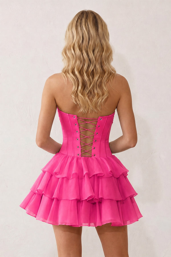 Hot Pink 3D-Flower Sweetheart Cut-Out Ruffled A-Line Satin Homecoming Dress | KISSPROM