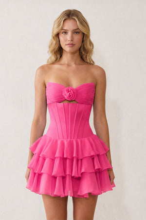 Hot Pink 3D-Flower Sweetheart Cut-Out Ruffled A-Line Satin Homecoming Dress | KISSPROM