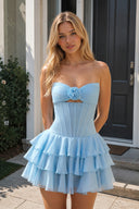 Sky Blue 3D-Flower Sweetheart Cut-Out Ruffled A-Line Satin Homecoming Dress | KISSPROM