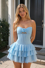 Sky Blue 3D-Flower Sweetheart Cut-Out Ruffled A-Line Satin Homecoming Dress | KISSPROM
