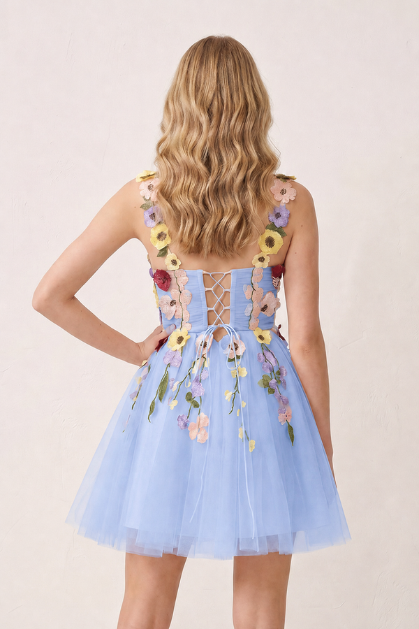 Sky Blue 3D Flower Tulle Short Length Prom Dresses (2) | KISSPROM