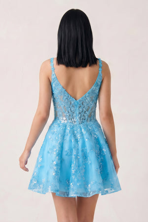 Sky Blue A-line Appliques Deep V Neck Short Homecoming Dress | KISSPROM