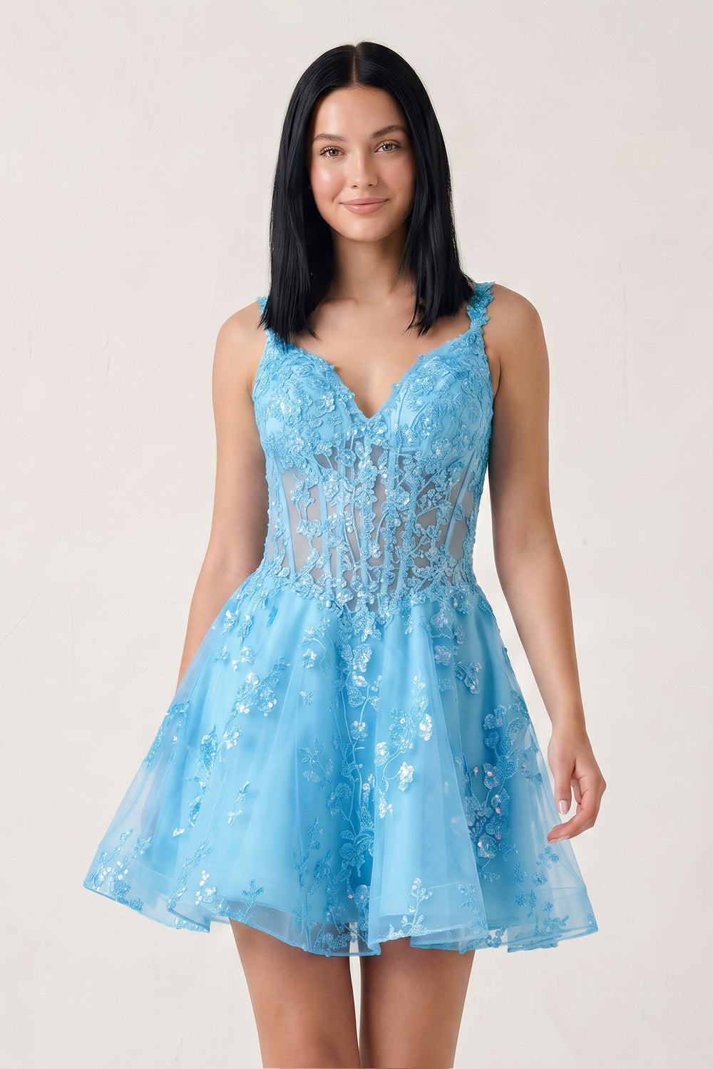 Sky Blue A-line Appliques Deep V Neck Short Homecoming Dress | KISSPROM