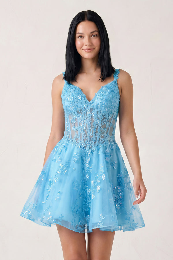 Sky Blue A-line Appliques Deep V Neck Short Homecoming Dress | KISSPROM