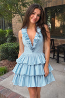 Sky Blue A-Line Deep Halter Satin Short Homecoming Dress with Ruffles | KISSPROM