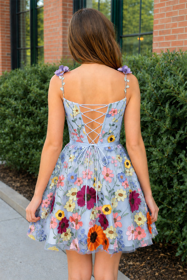 Sky Blue A Line Floral Short Homecoming Dress With 3D Flowers (2) | KISSPROM