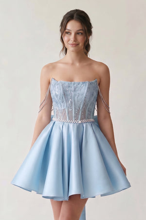 Sky Blue A-Line Lace Off-the-Shoulder Bow-Back Short Homecoming Dress | KISSPROM