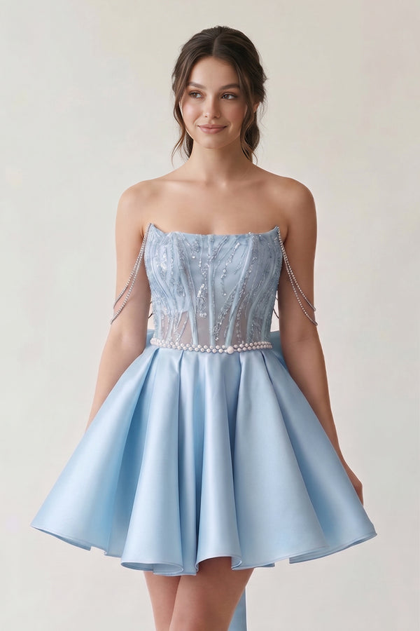 Sky Blue A-Line Lace Off-the-Shoulder Bow-Back Short Homecoming Dress | KISSPROM