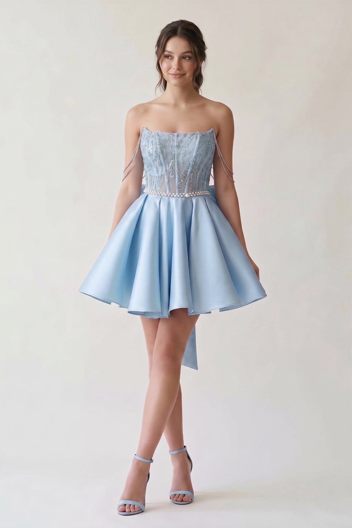 KissProm A-Line Pink Lace Off-the-Shoulder Bow-Back Short Homecoming Dress, Sky Blue / 12
