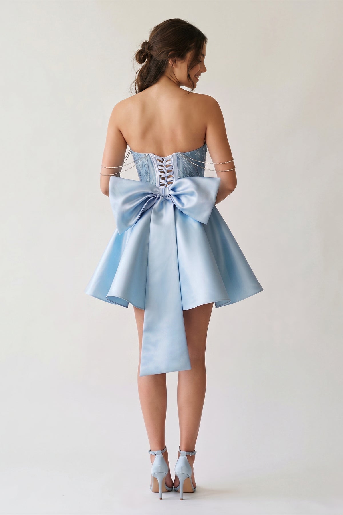 A-Line Pink Lace Off-the-Shoulder Bow-Back Short Homecoming Dress