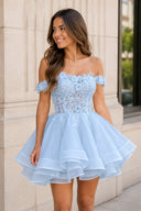 Sky Blue A-Line Lace Organza Appliqued Off-the Shoulder Homecoming Dress | KISSPROM