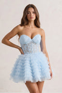 Sky Blue A-Line Ruffled Strapless Corset Short Homecoming Dress | KISSPROM