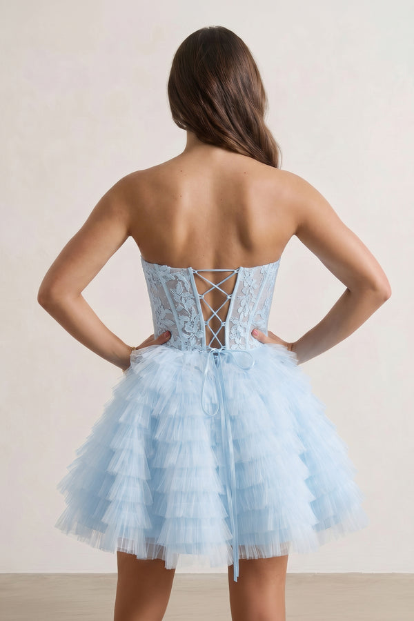 Sky Blue A-Line Ruffled Strapless Corset Short Homecoming Dress | KISSPROM