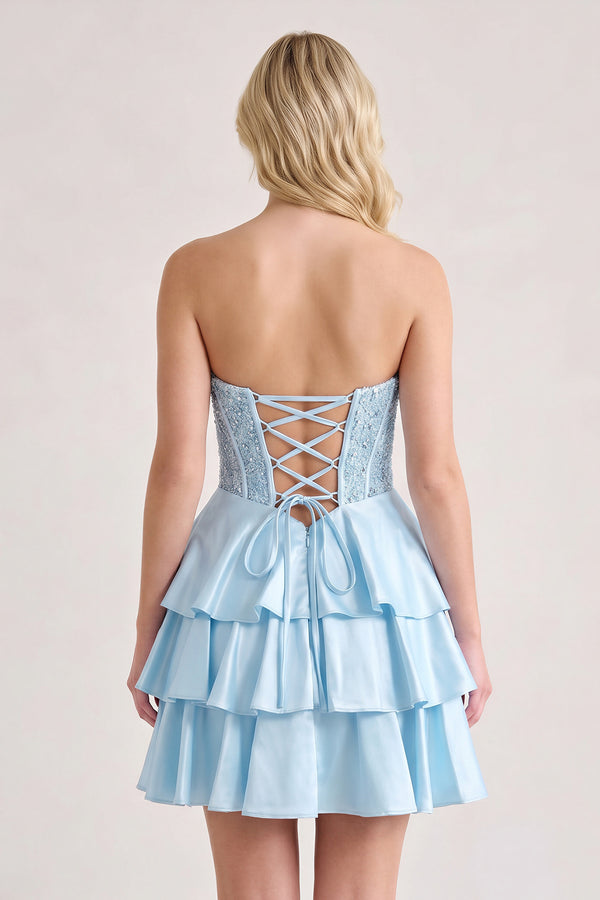 Sky Blue A Line Satin Corset Ruffled Sweetheart Homecoming Dresses with Beads | KISSPROM