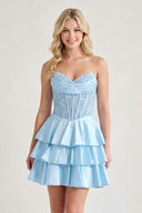 Sky Blue A Line Satin Corset Ruffled Sweetheart Homecoming Dresses with Beads | KISSPROM