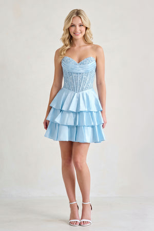 Sky Blue A Line Satin Corset Ruffled Sweetheart Homecoming Dresses with Beads | KISSPROM
