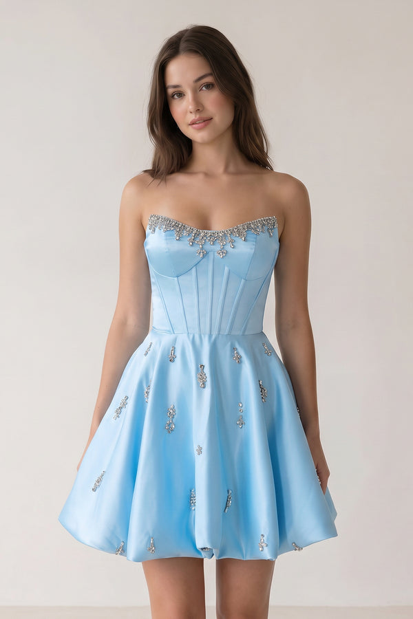 Sky Blue A Line Scoop Neck Corset Beaded Short Homecoming Dresses | KISSPROM