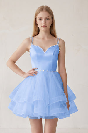 Sky Blue A-line Spaghetti Straps Tulle Short Homecoming Dresses | KISSPROM