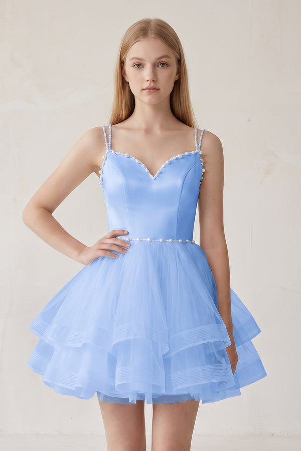 Sky Blue A-line Spaghetti Straps Tulle Short Homecoming Dresses | KISSPROM