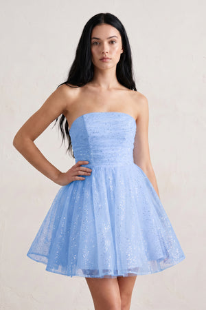 Sky Blue A Line Strapless Glitter Tulle Ruffled Homecoming Dresses with Bow | KISSPROM