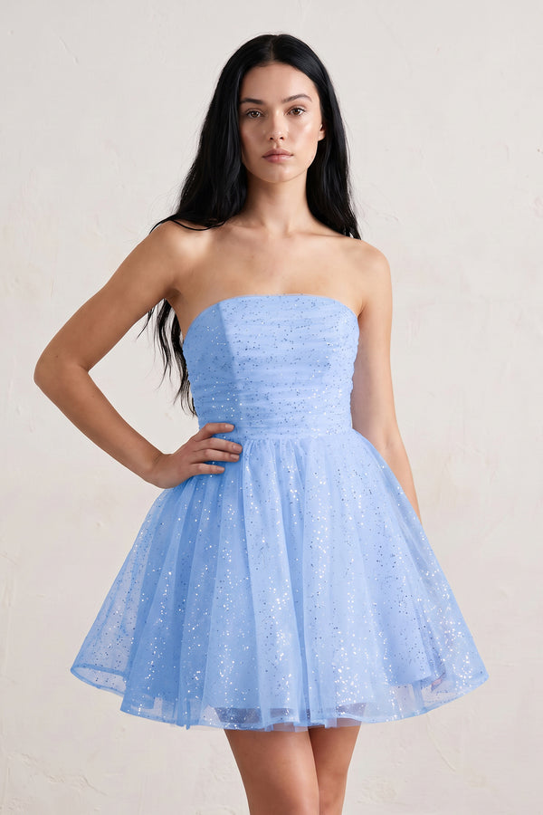 Sky Blue A Line Strapless Glitter Tulle Ruffled Homecoming Dresses with Bow | KISSPROM