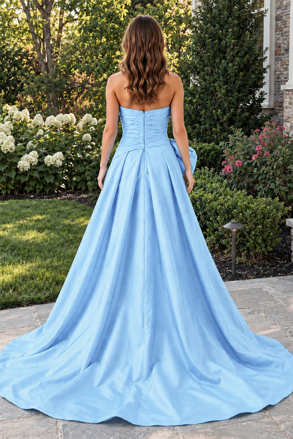 Sky Blue A-line Strapless Taffeta Long Prom Dress With Slit (2) | KISSPROM