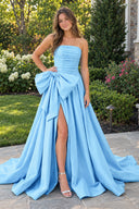 Sky Blue A-line Strapless Taffeta Long Prom Dress With Slit | KISSPROM