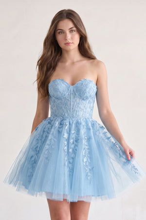 Sky Blue A-line Sweetheart Appliques Lace Homecoming Dress With Corset Back | KISSPROM