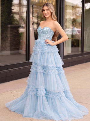 A-Line Sweetheart Tiered Long Tulle Prom Dress - Kissprom