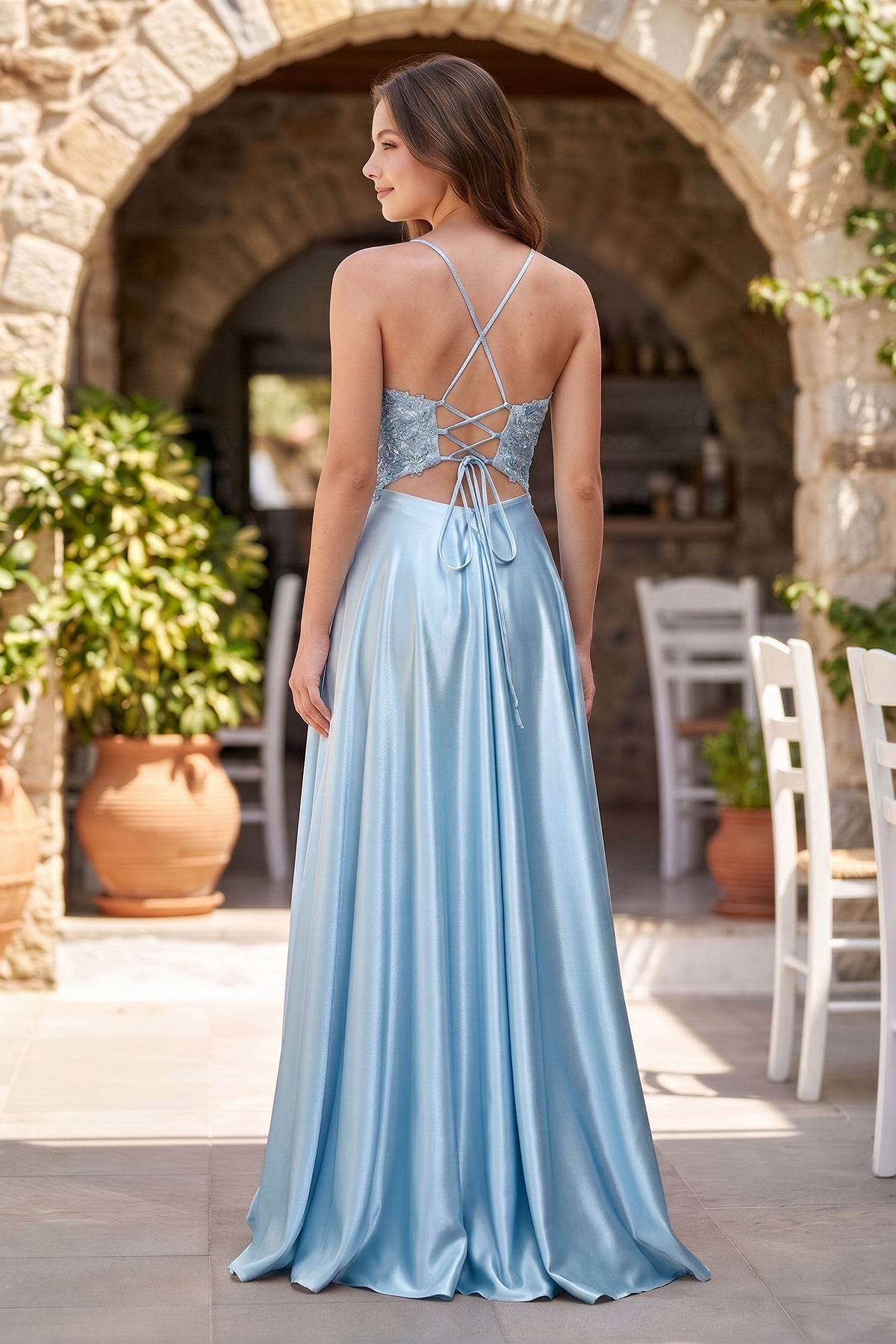KissProm A-Line V-Neck Satin Prom Dress with Slit, Sky Blue / 18